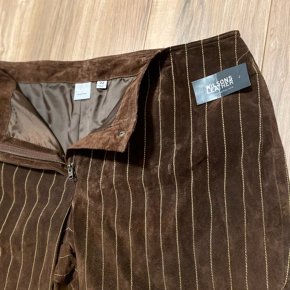Vtg Wilsons Leather Maxima Suede Leather Pants size 22 Dark Brown Gold Pinstripe - Picture 2 of 5